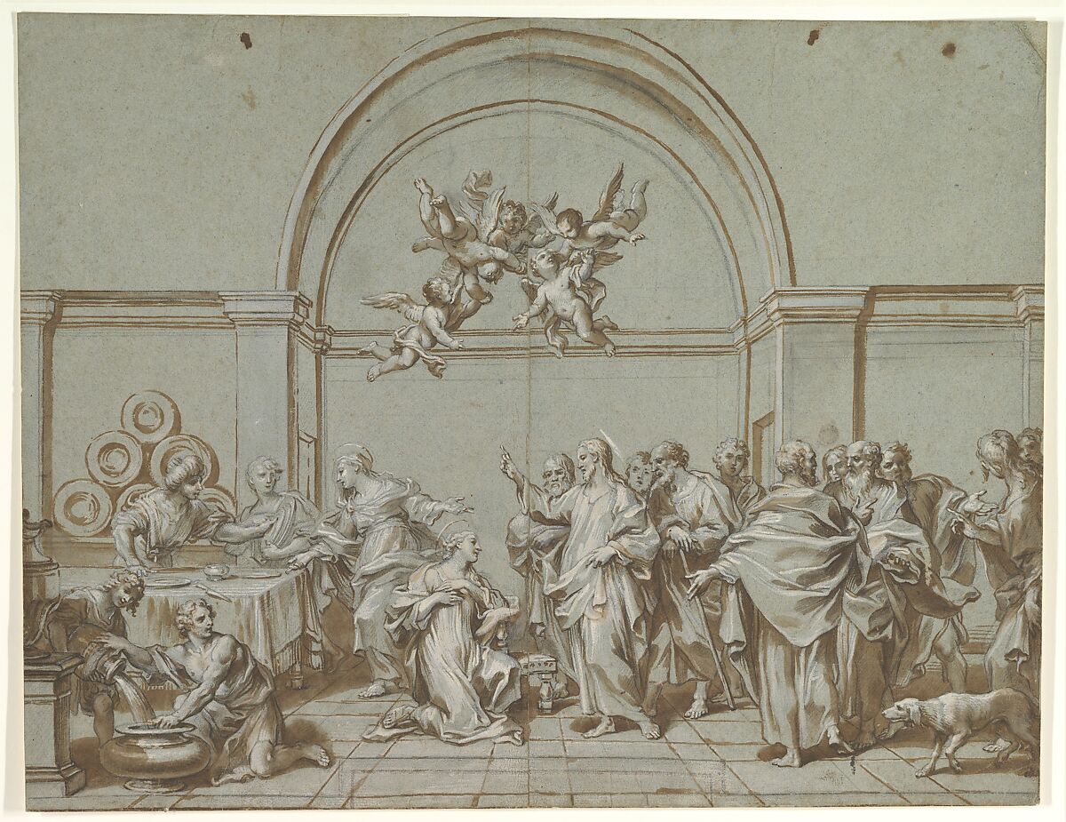 Christ in the House of Martha and Mary (Luke 10:38-42), Paolo Gerolamo Piola (Italian, Genoa 1666–1724 Genoa), Brush and brown wash, highlighted with white, over black chalk, on blue-green paper 