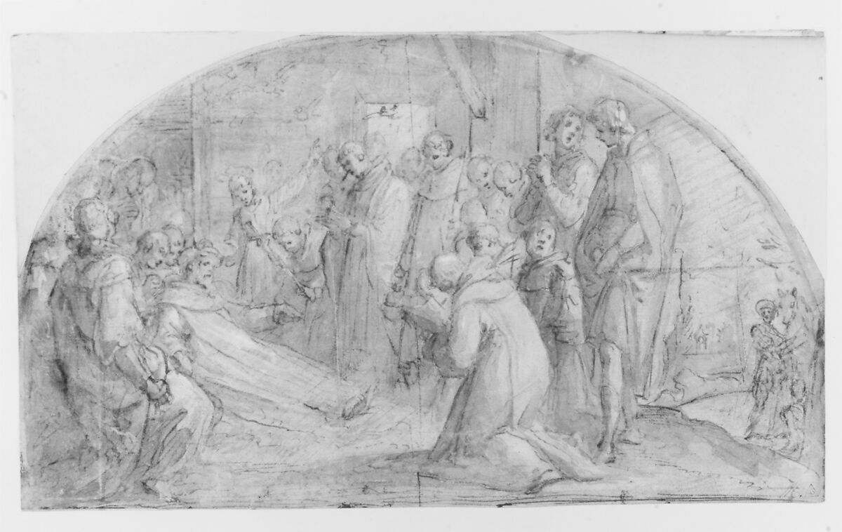 The death of Saint Alexis Falconieri at Monte Senario, Bernardino Poccetti (Italian, San Marino di Valdelsa 1548–1612 Florence), Pen and brown ink, brush and brown wash, highlighted with white, over red chalk and some charcoal