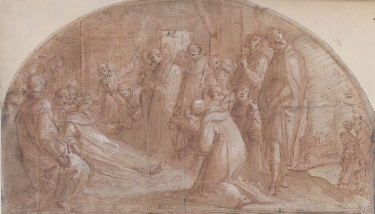 The death of Saint Alexis Falconieri at Monte Senario, Bernardino Poccetti (Italian, San Marino di Valdelsa 1548–1612 Florence), Pen and brown ink, brush and brown wash, highlighted with white, over red chalk and some charcoal