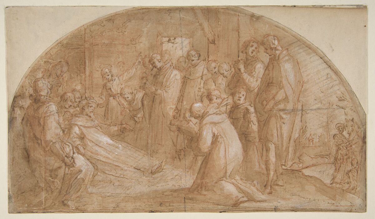 The death of Saint Alexis Falconieri at Monte Senario, Bernardino Poccetti (Italian, San Marino di Valdelsa 1548–1612 Florence), Pen and brown ink, brush and brown wash, highlighted with white, over red chalk and some charcoal 