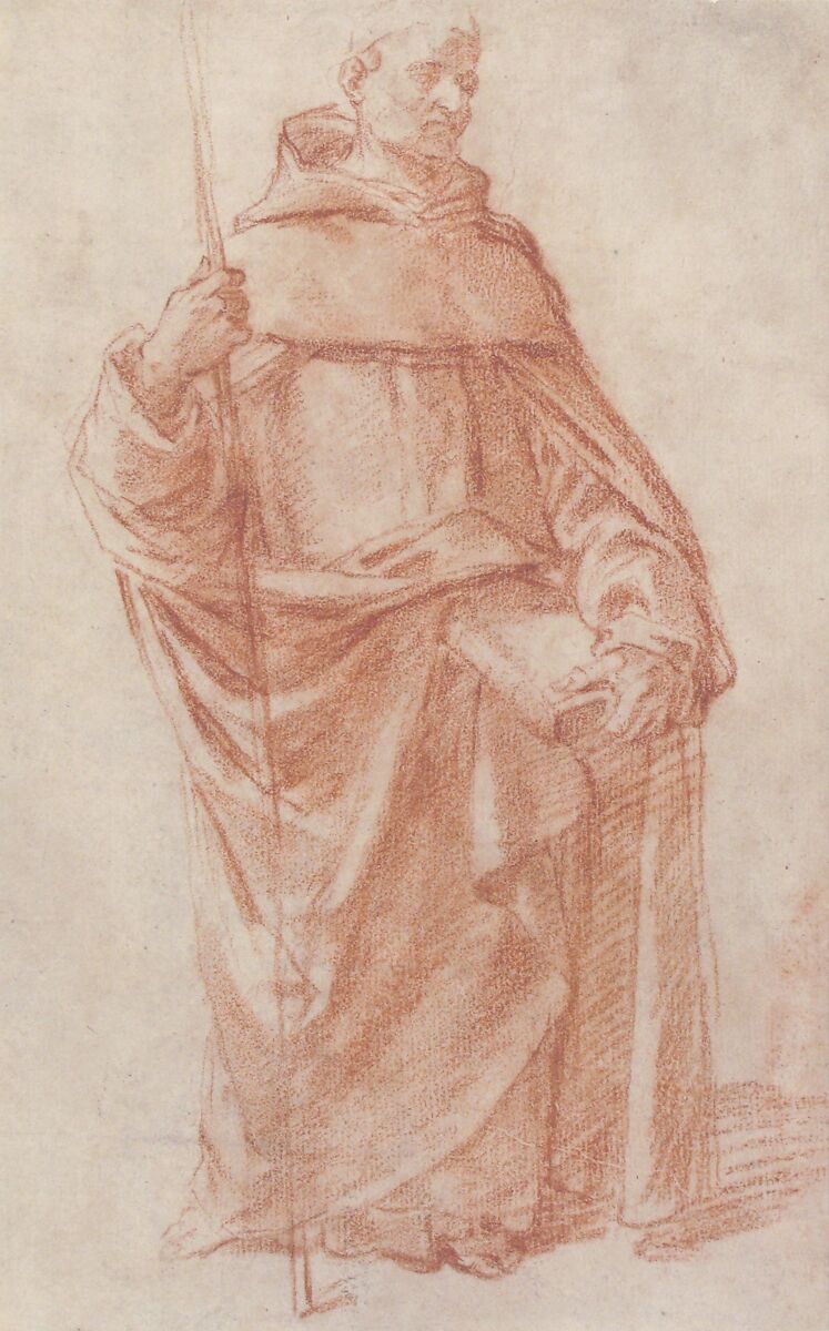 Standing Dominican or Servite Holding a Book and Staff (recto); Study of two warriors (verso), Bernardino Poccetti (Italian, San Marino di Valdelsa 1548–1612 Florence), Red chalk (recto); black chalk (verso)