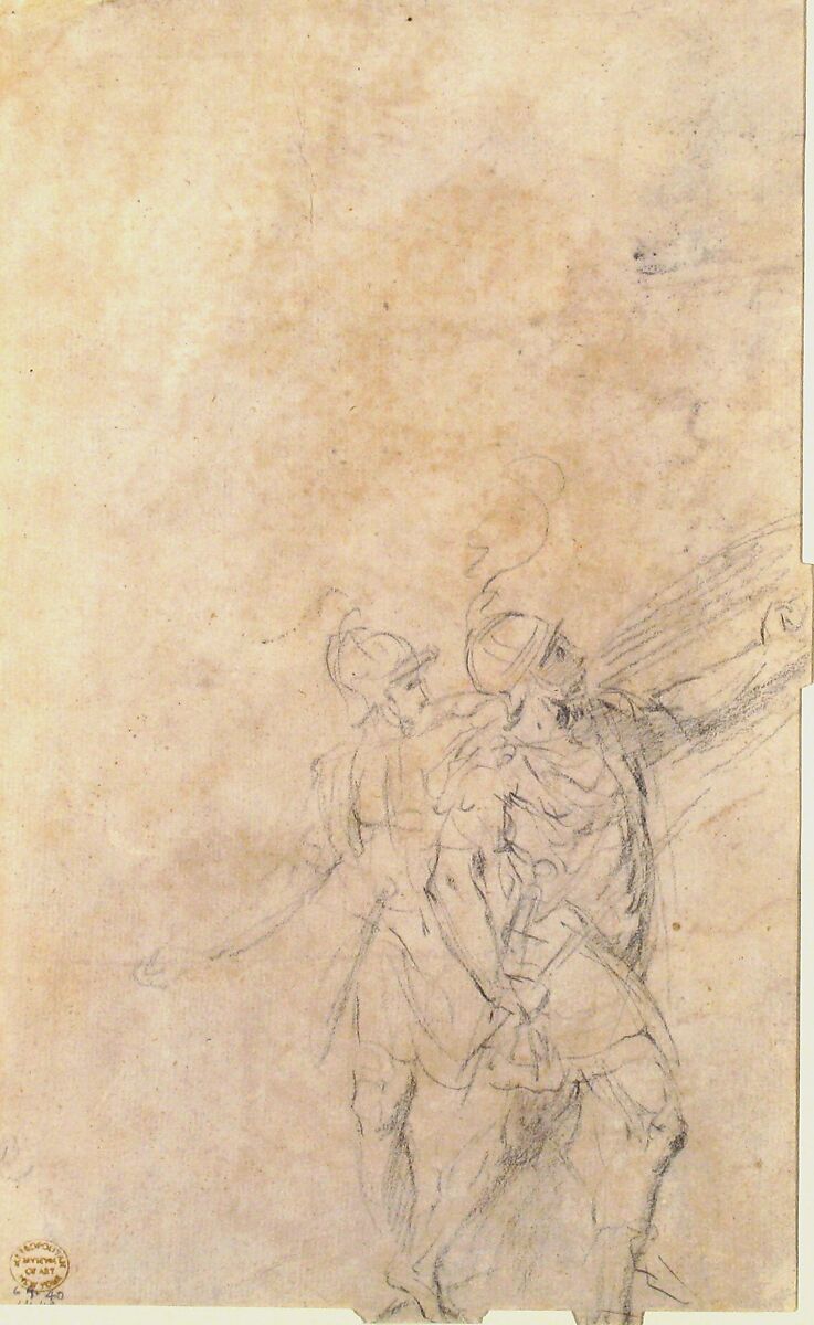 Standing Dominican or Servite Holding a Book and Staff (recto); Study of two warriors (verso), Bernardino Poccetti (Italian, San Marino di Valdelsa 1548–1612 Florence), Red chalk (recto); black chalk (verso)
