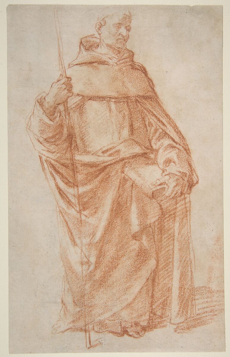 Standing Dominican or Servite Holding a Book and Staff (recto); Study of two warriors (verso), Bernardino Poccetti (Italian, San Marino di Valdelsa 1548–1612 Florence), Red chalk (recto); black chalk (verso) 