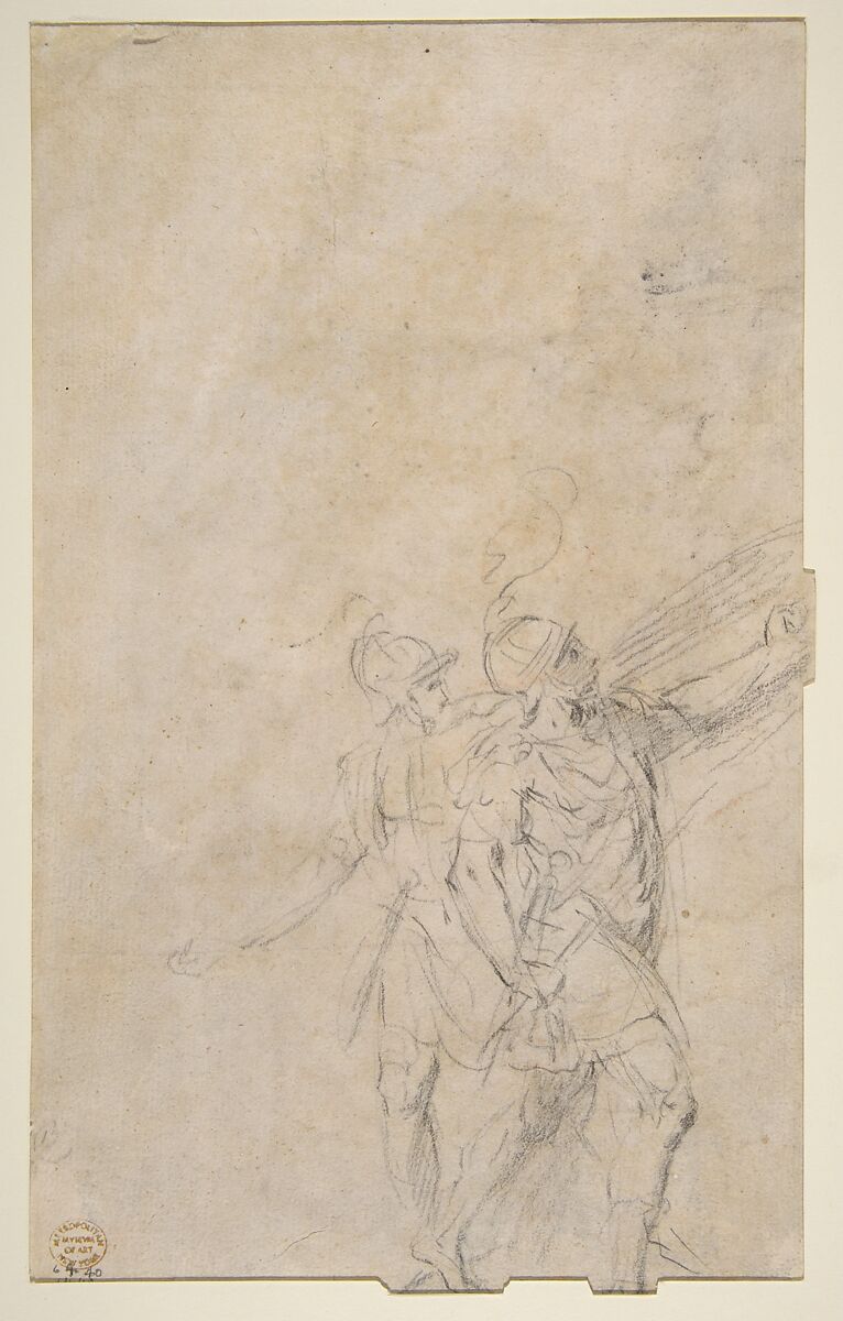 Standing Dominican or Servite Holding a Book and Staff (recto); Study of two warriors (verso), Bernardino Poccetti (Italian, San Marino di Valdelsa 1548–1612 Florence), Red chalk (recto); black chalk (verso)