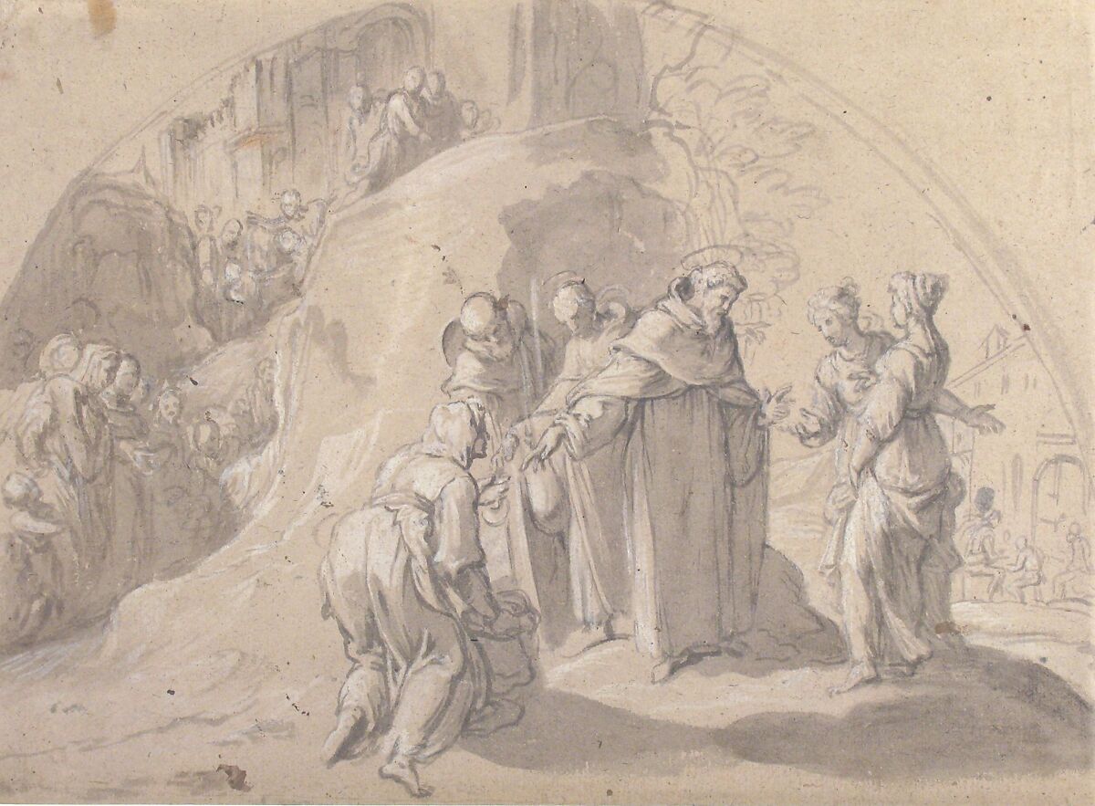 Saint Philip Benizi Converting Two Wicked Women at the City of Todi, Bernardino Poccetti (Italian, San Marino di Valdelsa 1548–1612 Florence), Brush and gray wash, highlighted with white gouache, on brownish paper