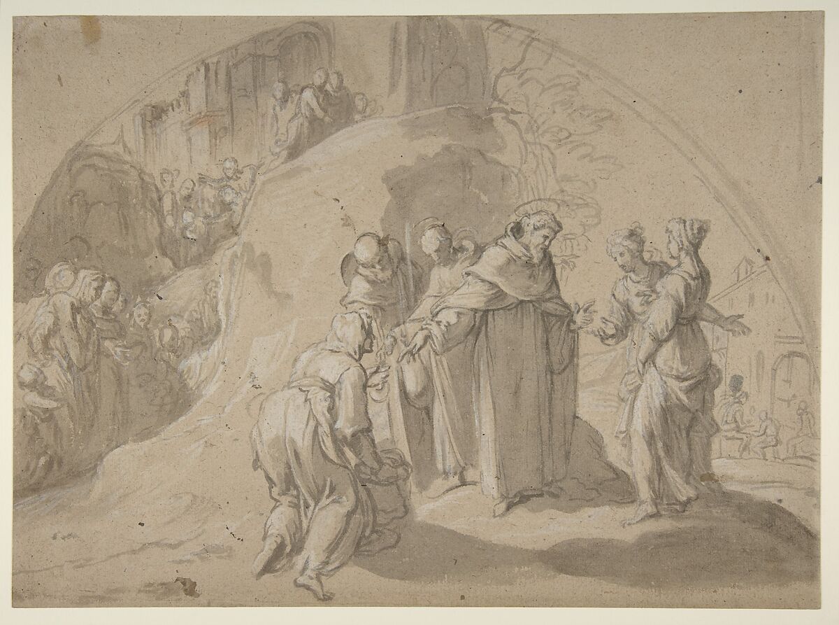 Saint Philip Benizi Converting Two Wicked Women at the City of Todi, Bernardino Poccetti (Italian, San Marino di Valdelsa 1548–1612 Florence), Brush and gray wash, highlighted with white gouache, on brownish paper 