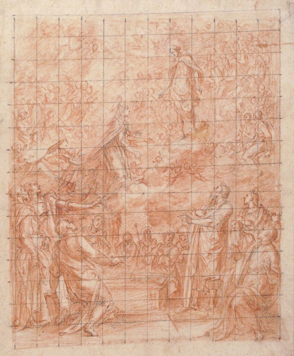 The Assumption of the Virgin, Attributed to Bernardino Poccetti (Italian, San Marino di Valdelsa 1548–1612 Florence), Red chalk, over charcoal, squared for transfer