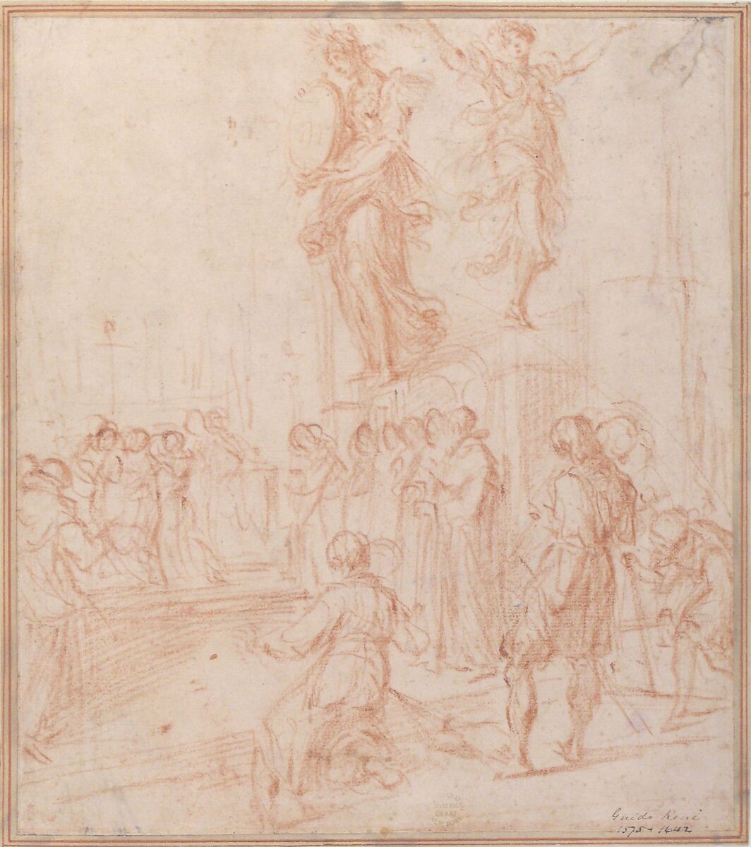 Figure Studies:  Woman holding a Shield, a Dancing Female, and a Priest Supported at an Altar before a Group of Onlookers, Bernardino Poccetti (Italian, San Marino di Valdelsa 1548–1612 Florence), Red chalk