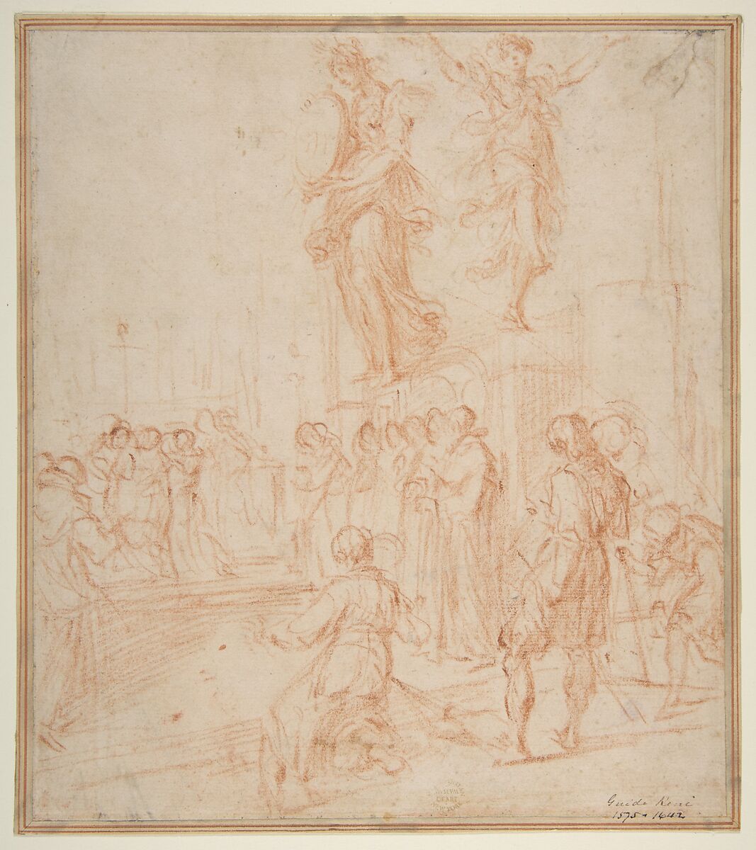 Figure Studies:  Woman holding a Shield, a Dancing Female, and a Priest Supported at an Altar before a Group of Onlookers, Bernardino Poccetti (Italian, San Marino di Valdelsa 1548–1612 Florence), Red chalk 