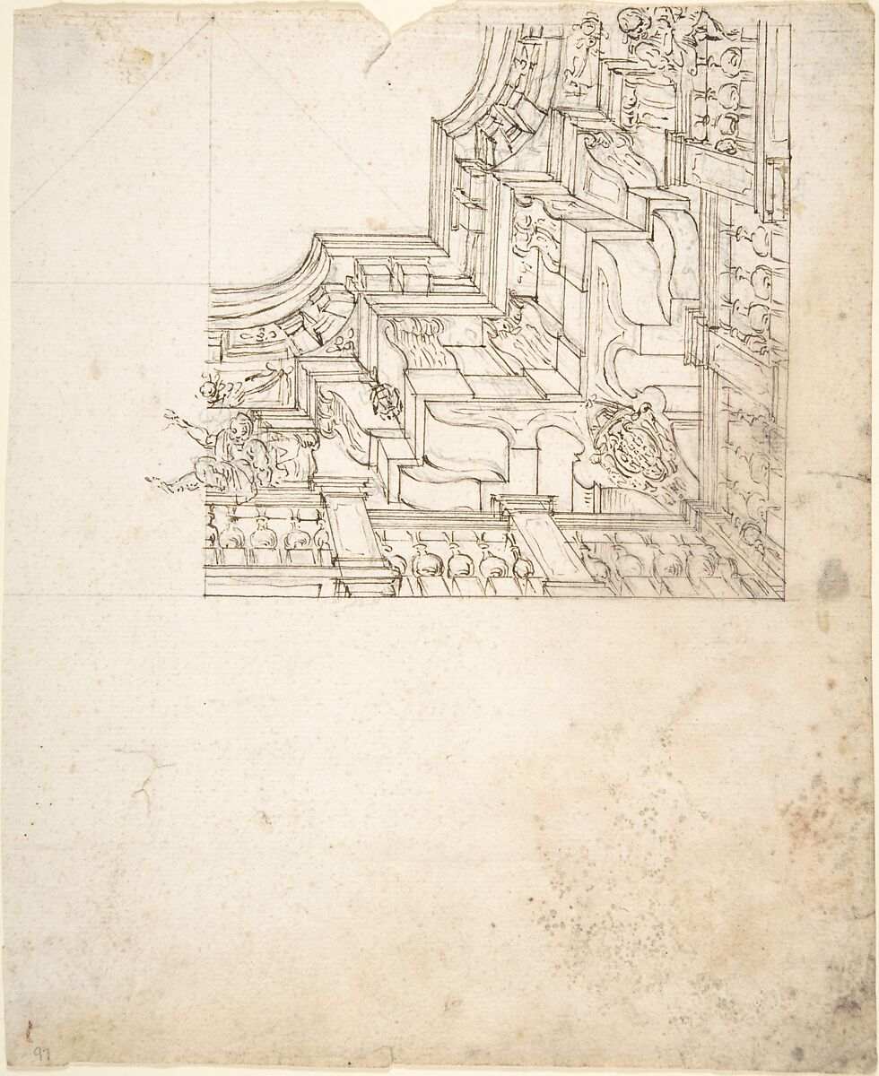 1/4 Design for a Painted Ceiling, with the Arms of a Cardinal in the Corner, Anonymous, Italian, Piedmontese, 18th century, Pen and brown ink over leadpoint, with ruled and compass construction 