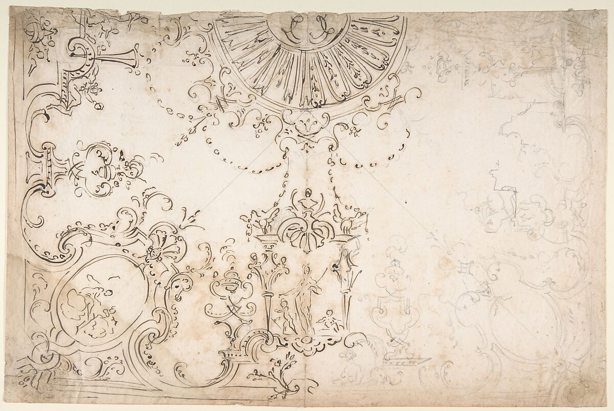 Design for One Half of a Ceiling with Elaborate Medaillons and Figures., Attributed to Donato Giuseppe Frisoni (Italian, Laino near Como 1683–1735 Ludwigsburg), Pen and brown ink over leadpoint or graphite 