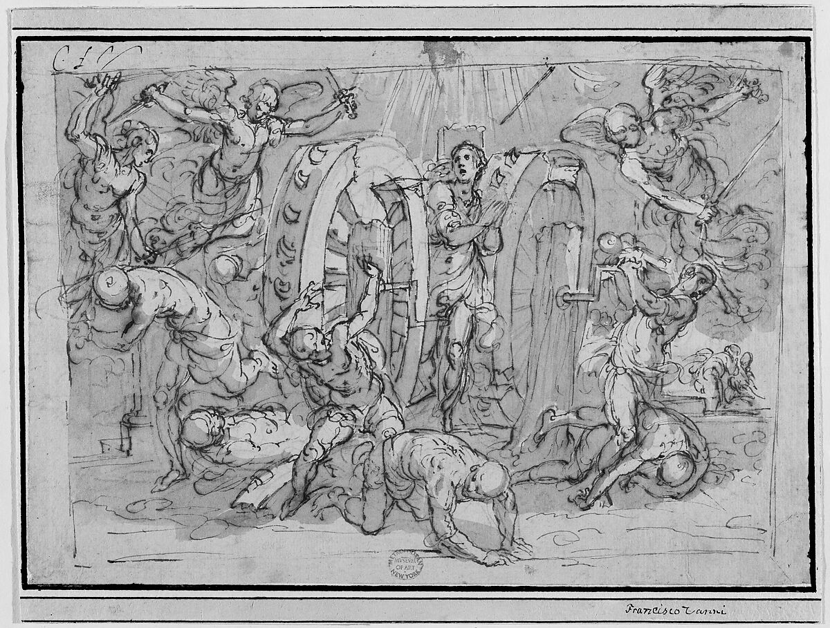 The Martyrdom of St. Catherine of Alexandria, Bernardino Poccetti (Italian, San Marino di Valdelsa 1548–1612 Florence), Pen and brown ink, brush and brown wash, over red chalk