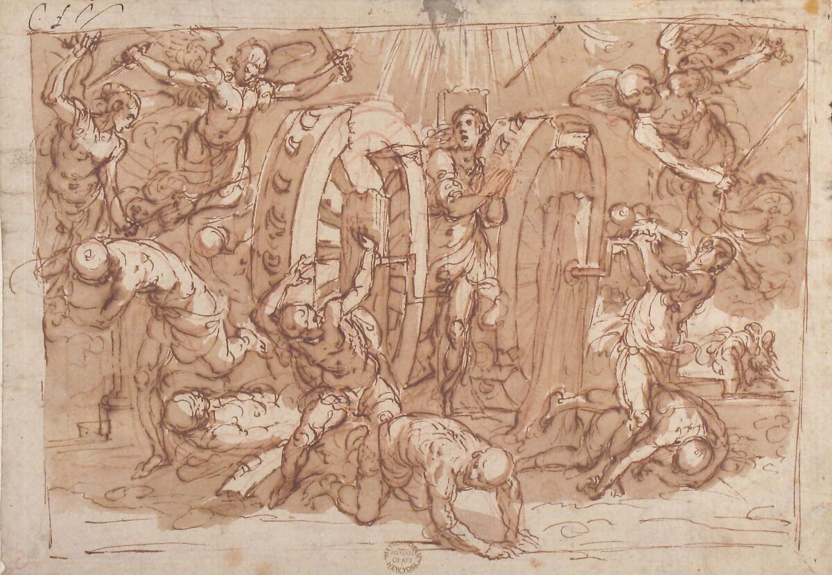 The Martyrdom of St. Catherine of Alexandria, Bernardino Poccetti (Italian, San Marino di Valdelsa 1548–1612 Florence), Pen and brown ink, brush and brown wash, over red chalk