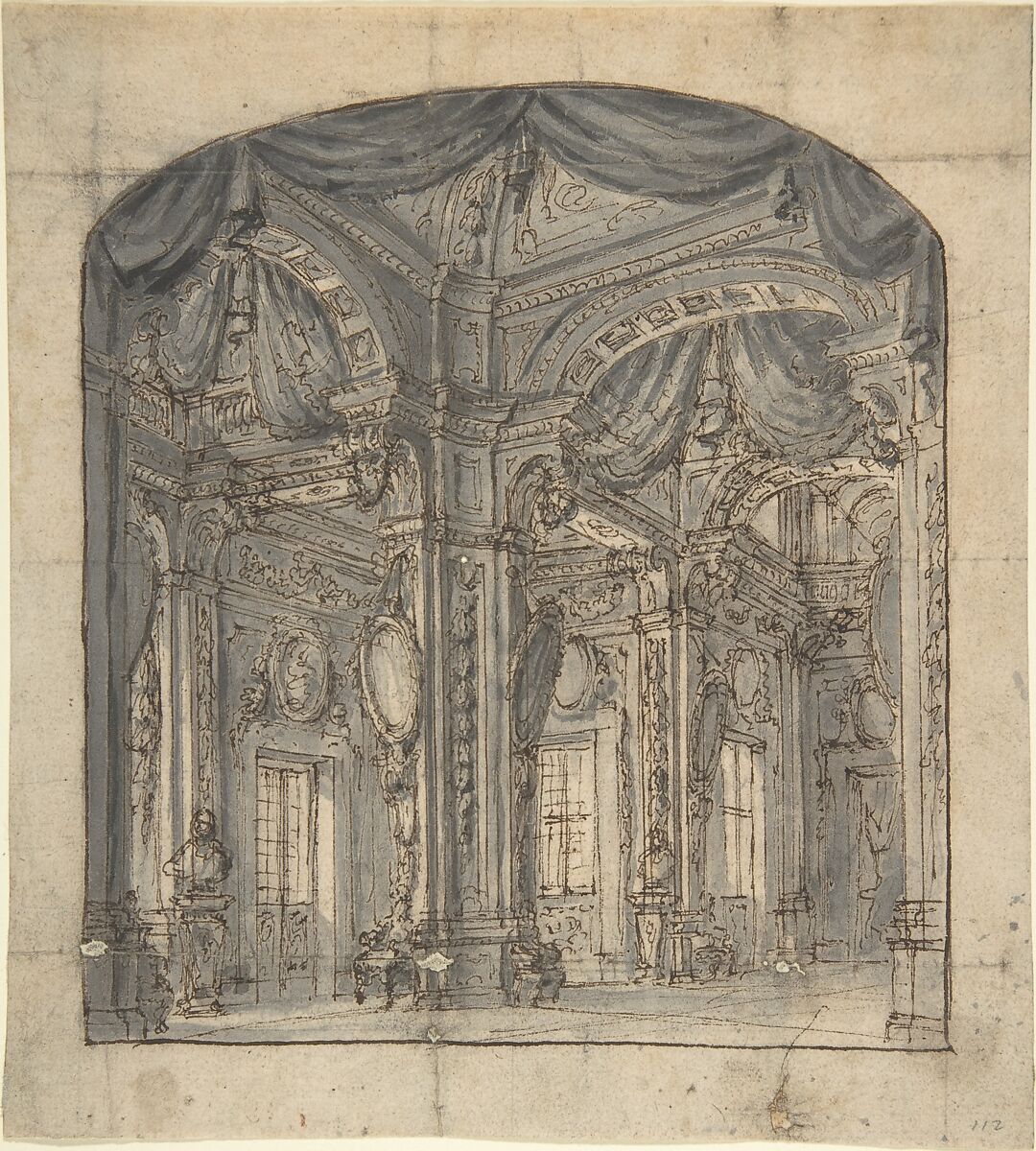 Stage Set of a Room Interior with Receding Perspective, Anonymous, Italian, Piedmontese, 18th century, Pen and brown ink, brush and gray wash 