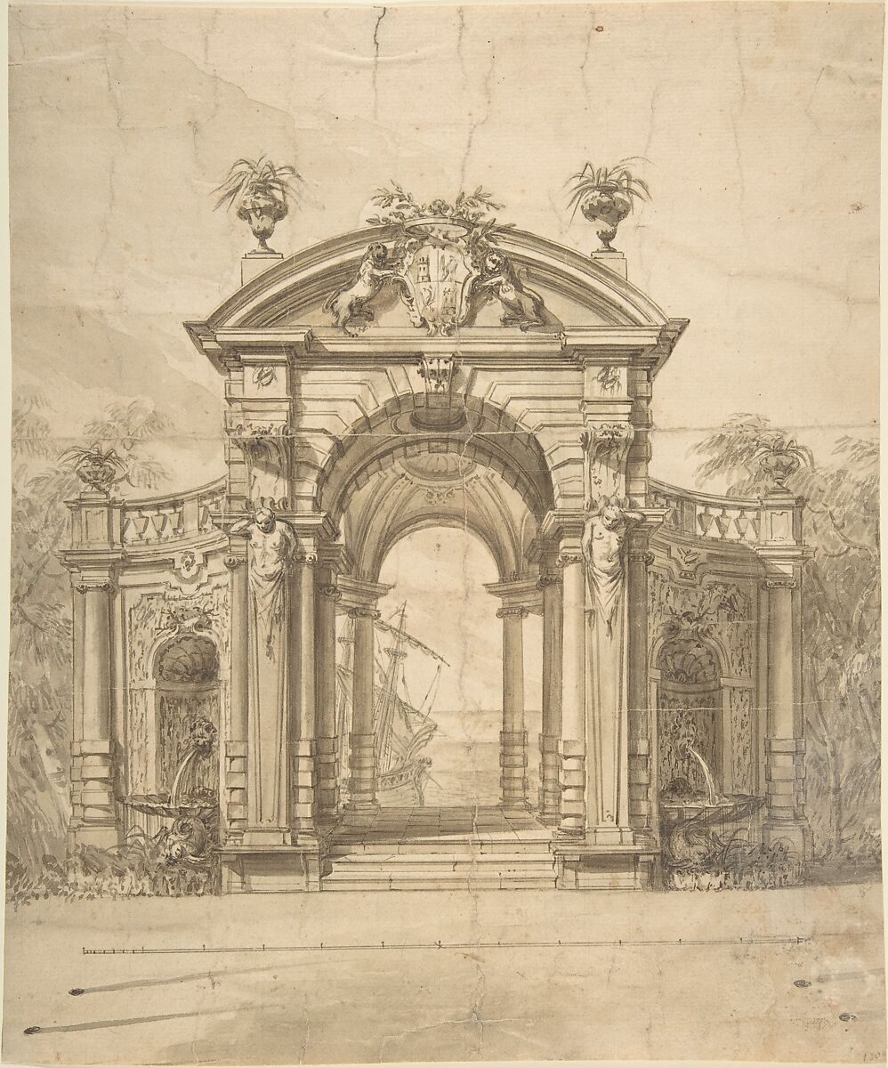Design for a Stage Set: Triumphal Arch with Fountains in the Side Niches and the View of a Boat through the Arch, Anonymous, Italian, Piedmontese, 18th century, Pen and brown ink, brush and brown wash, traces of leadpoint; scale in pen and brown ink at bottom of the drawing 