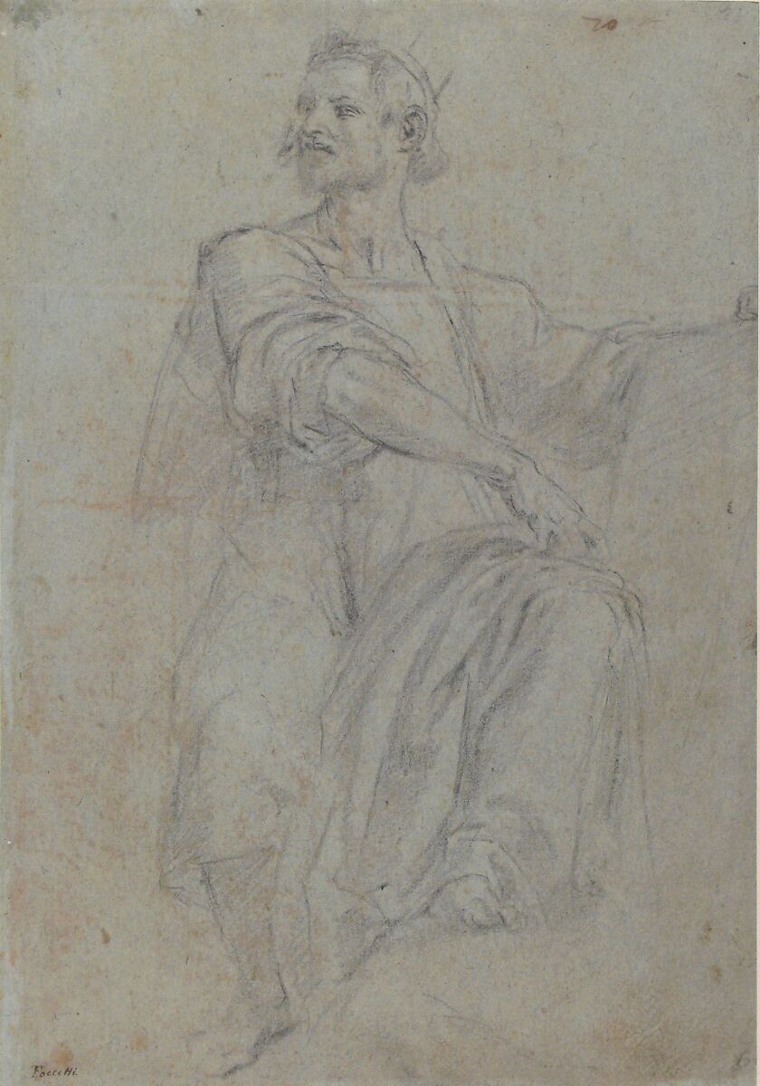 Seated Crowned Male Figure Holding a Book or Scroll (recto); Seated Nude Boy (verso), Bernardino Poccetti (Italian, San Marino di Valdelsa 1548–1612 Florence), Charcoal on blue paper (recto); charcoal (verso)