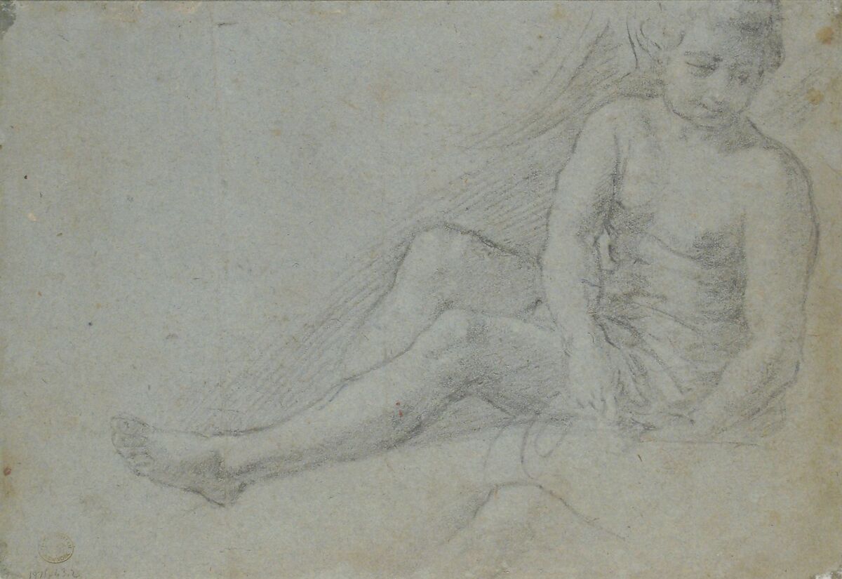 Seated Crowned Male Figure Holding a Book or Scroll (recto); Seated Nude Boy (verso), Bernardino Poccetti (Italian, San Marino di Valdelsa 1548–1612 Florence), Charcoal on blue paper (recto); charcoal (verso)