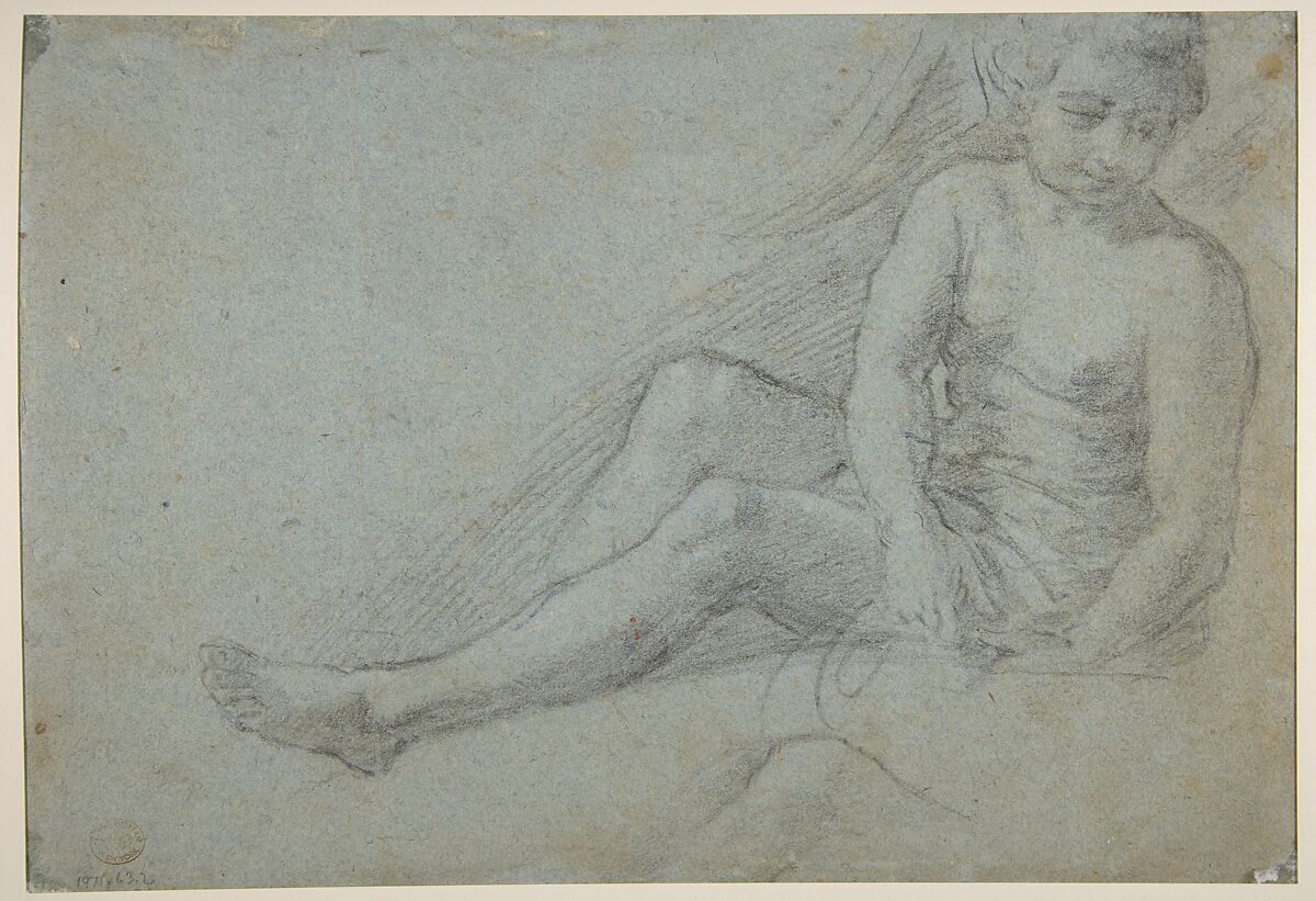 Seated Crowned Male Figure Holding a Book or Scroll (recto); Seated Nude Boy (verso), Bernardino Poccetti (Italian, San Marino di Valdelsa 1548–1612 Florence), Charcoal on blue paper (recto); charcoal (verso)