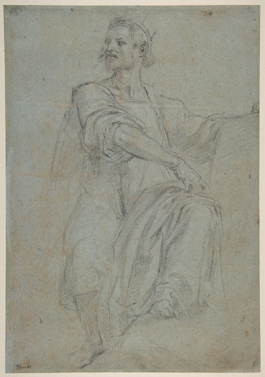 Seated Crowned Male Figure Holding a Book or Scroll (recto); Seated Nude Boy (verso), Bernardino Poccetti (Italian, San Marino di Valdelsa 1548–1612 Florence), Charcoal on blue paper (recto); charcoal (verso) 