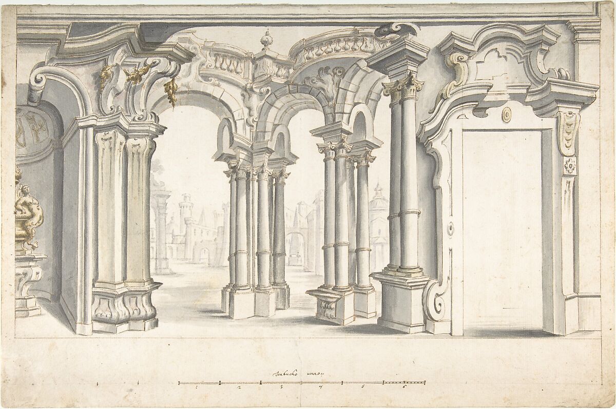 Design for a Painted Perspective Wall Decoration, Anonymous, Italian, Piedmontese, 18th century, Pen and brown ink, brush and gray and yellow wash, over black chalk, with ruled construction; measuring scale in pen and brown ink 