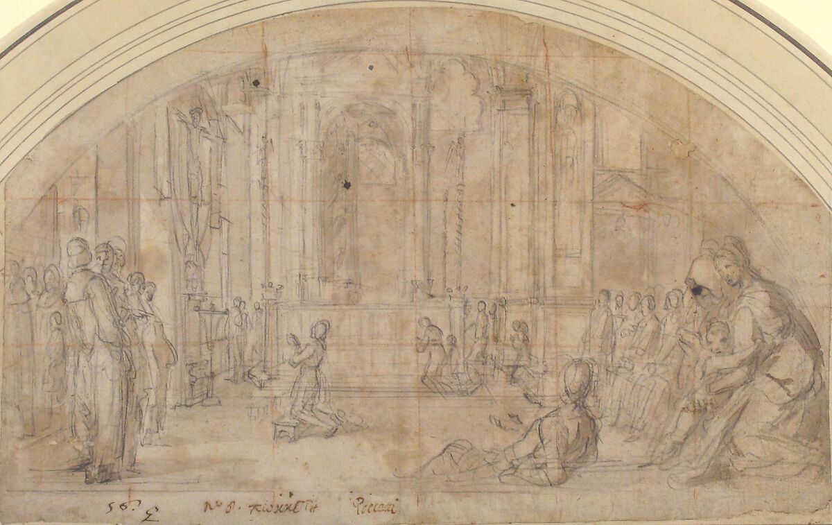 Saint Antoninus Kneeling before the Crucifix in Orsanmichele, Florence, Bernardino Poccetti (Italian, San Marino di Valdelsa 1548–1612 Florence), Charcoal and brush and pale brown wash on beige paper; squared in red chalk
