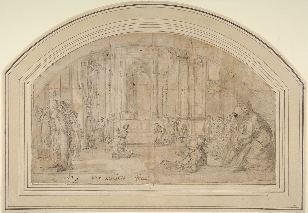 Saint Antoninus Kneeling before the Crucifix in Orsanmichele, Florence, Bernardino Poccetti (Italian, San Marino di Valdelsa 1548–1612 Florence), Charcoal and brush and pale brown wash on beige paper; squared in red chalk 