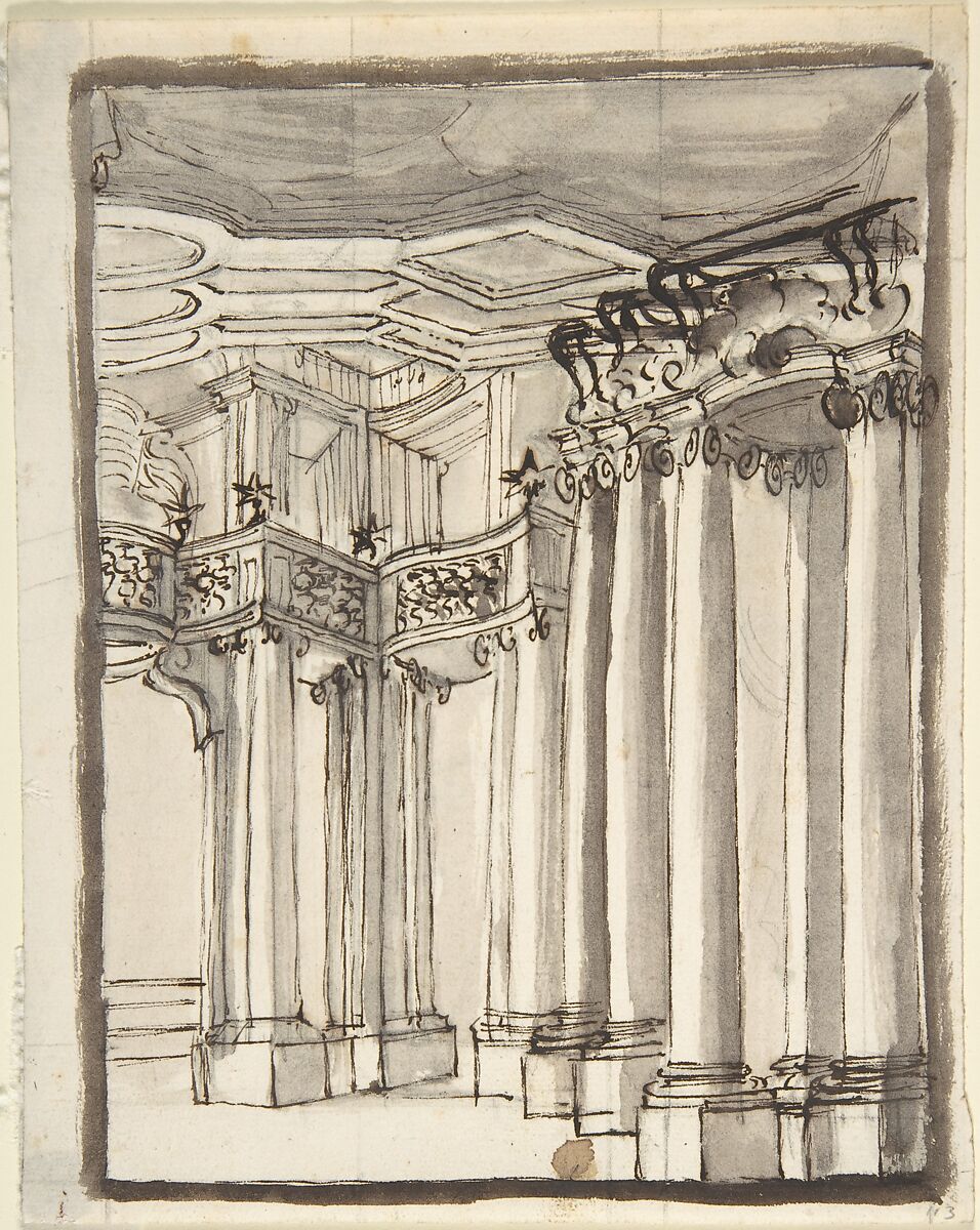 Partial View of an Architectural Interior (recto); Undecipherable Sketches (verso), Anonymous, Italian, Piedmontese, 18th century, Pen and brown ink, brush and gray wash, heightened with dark brown ink over traces of graphite; framing outlines in brush and gray wash (recto); black chalk sketches (verso) 
