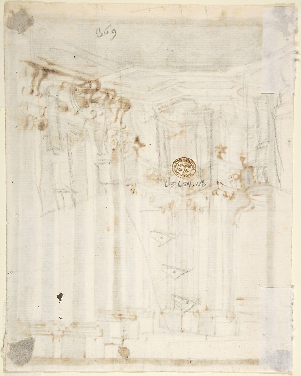 Partial View of an Architectural Interior (recto); Undecipherable Sketches (verso), Anonymous, Italian, Piedmontese, 18th century, Pen and brown ink, brush and gray wash, heightened with dark brown ink over traces of graphite; framing outlines in brush and gray wash (recto); black chalk sketches (verso)