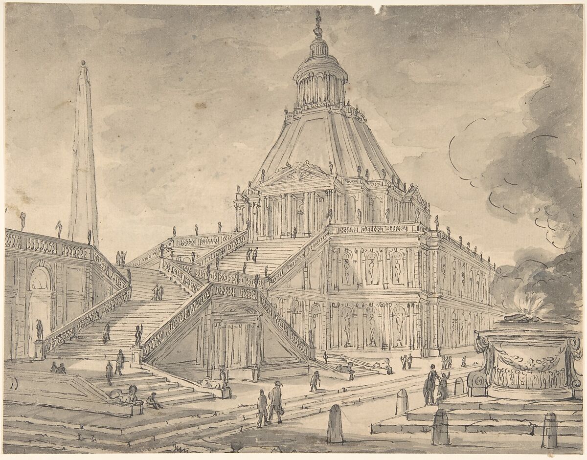 Architectural Fantasy: Temple-like Building with Colonnades, a Monumental Staircase, and a Burnt Offering (Sacrifice) in the Foreground, Giovanni Larciani ("Master of the Kress Landscapes") (Italian, 1484–1527), Pen and black ink, brush and gray wash, over traces of graphite?, on light tan laid paper 