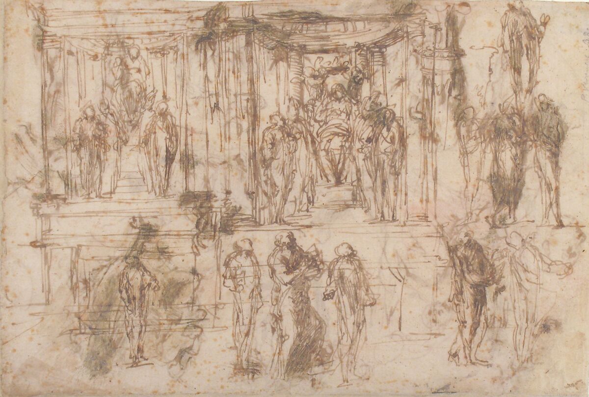 Studies for an Altarpiece with the Virgin Enthroned, Attended by Four Saints (recto); Various Figure Studies, Some Possibly for a Deposition of Christ (verso), Polidoro da Caravaggio (Italian, Caravaggio ca. 1499–ca. 1543 Messina), Pen and brown ink, some brush and brown wash
