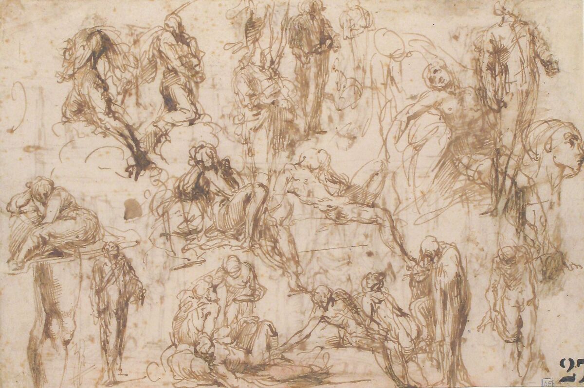 Studies for an Altarpiece with the Virgin Enthroned, Attended by Four Saints (recto); Various Figure Studies, Some Possibly for a Deposition of Christ (verso), Polidoro da Caravaggio (Italian, Caravaggio ca. 1499–ca. 1543 Messina), Pen and brown ink, some brush and brown wash