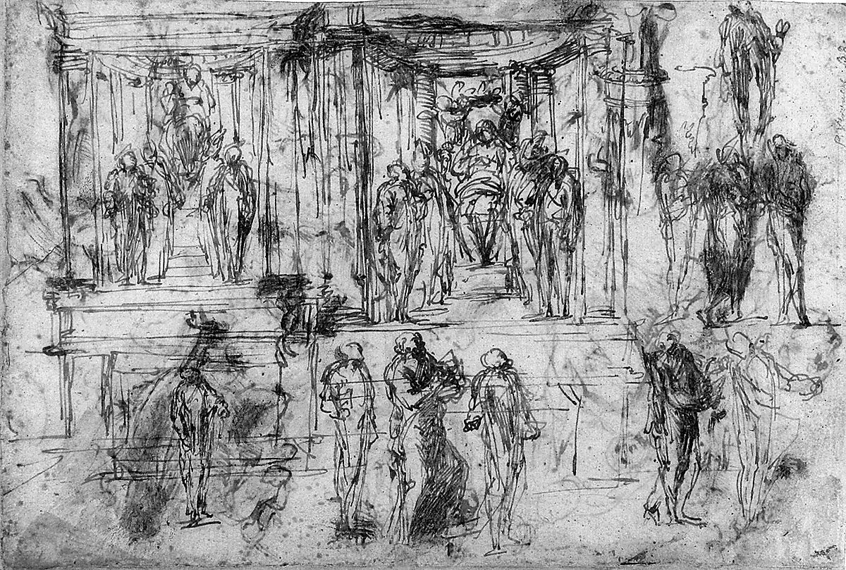 Studies for an Altarpiece with the Virgin Enthroned, Attended by Four Saints (recto); Various Figure Studies, Some Possibly for a Deposition of Christ (verso), Polidoro da Caravaggio (Italian, Caravaggio ca. 1499–ca. 1543 Messina), Pen and brown ink, some brush and brown wash