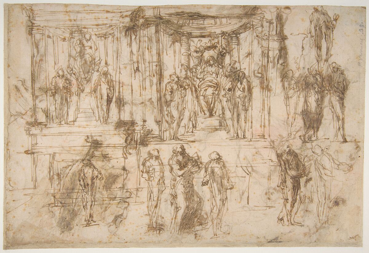 Studies for an Altarpiece with the Virgin Enthroned, Attended by Four Saints (recto); Various Figure Studies, Some Possibly for a Deposition of Christ (verso), Polidoro da Caravaggio (Italian, Caravaggio ca. 1499–ca. 1543 Messina), Pen and brown ink, some brush and brown wash 