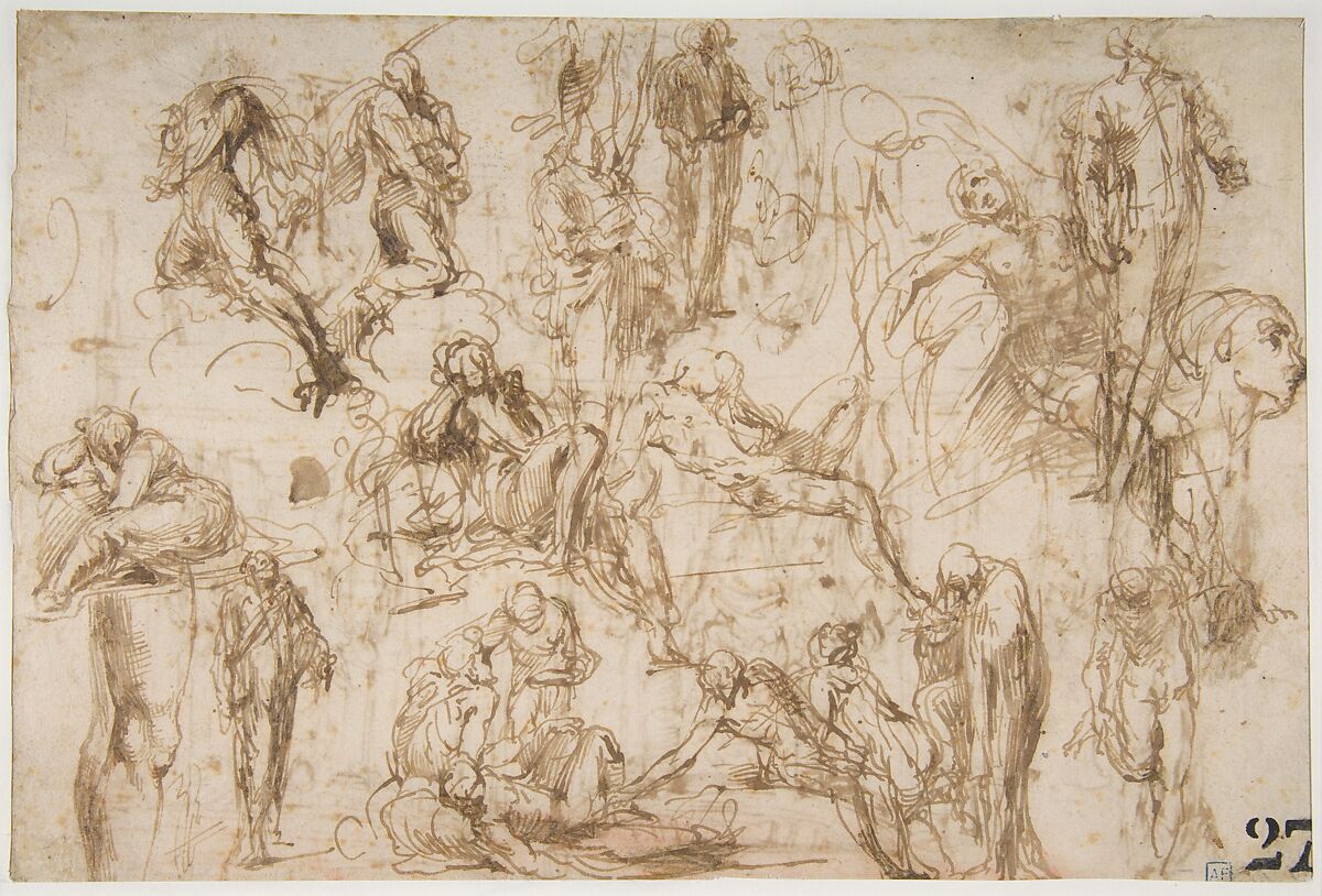 Studies for an Altarpiece with the Virgin Enthroned, Attended by Four Saints (recto); Various Figure Studies, Some Possibly for a Deposition of Christ (verso), Polidoro da Caravaggio (Italian, Caravaggio ca. 1499–ca. 1543 Messina), Pen and brown ink, some brush and brown wash