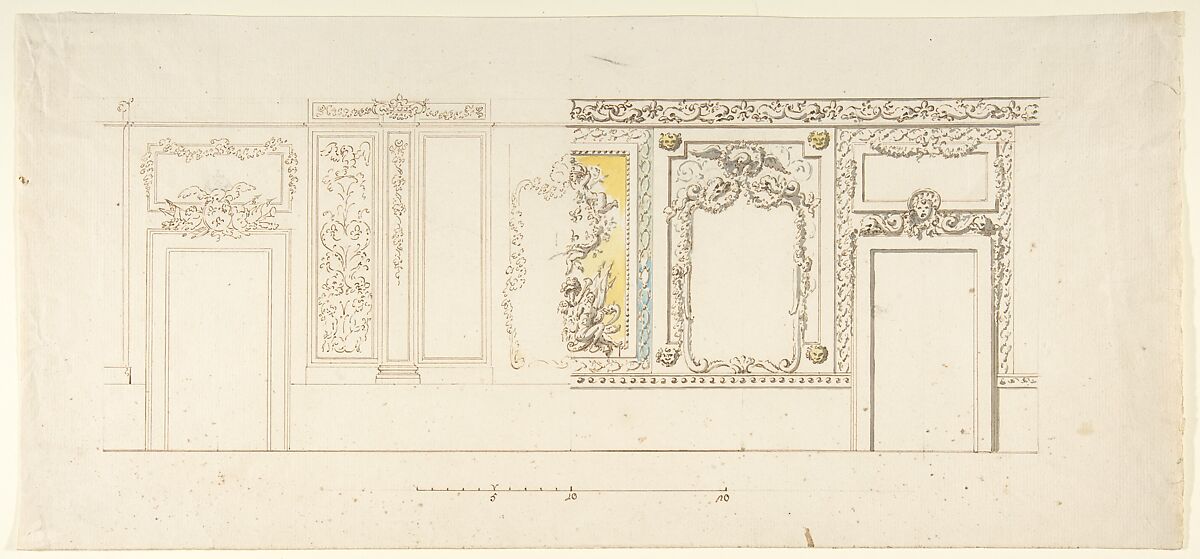 Design for an Interior Wall Decoration of a Palazzo with Two Doorways and a Decorated Panelling with Trophies, Giovanni Larciani ("Master of the Kress Landscapes") (Italian, 1484–1527), Pen and brown ink, brush and gray, yellow, blue and green wash (only in right half of sheet), over traces of black chalk, on cream laid paper. Scales with numbers 5, 10, 20 at bottom 