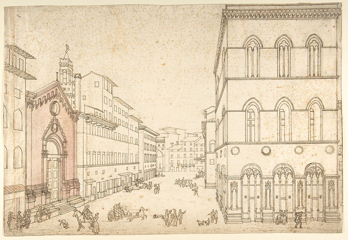 View of Florence: Or San Michele, Towards Piazza della Signoria (Via dei Calzaiuoli), Giovanni Larciani ("Master of the Kress Landscapes") (Italian, 1484–1527), Pen and brown ink, a little brush and pink-red wash, over traces of graphite on cream laid paper 