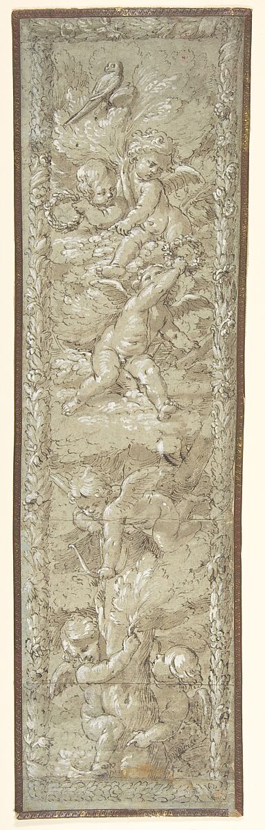 Cherubs in a Tree, Giovanni Larciani ("Master of the Kress Landscapes") (Italian, 1484–1527), Pen and brown ink, brush and brown wash, highlighted with white gouache, on gray-brown paper (originally blue-gray) 