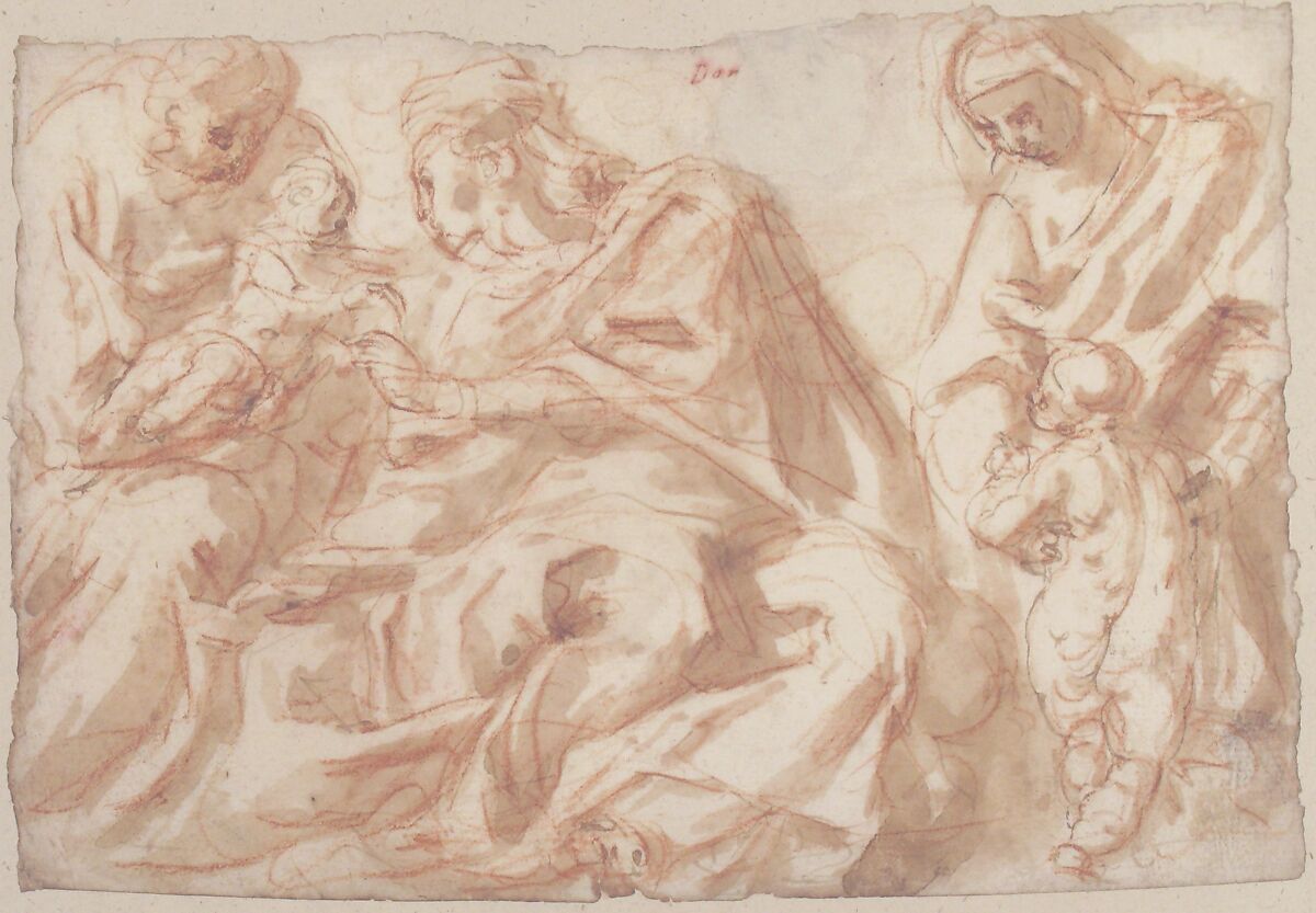 The Holy Family with Saint Elizabeth and the Infant Baptist, Cesare Pollino (Cesare dal Francia or Franchi) (Italian, Perugia ca. 1560–1598 Rome), Pen and brown ink, brush and brown wash, over red chalk