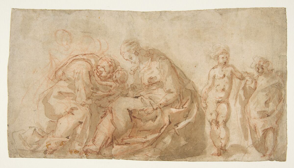 The Holy Family with Attendant Putti, Cesare Pollino (Cesare dal Francia or Franchi) (Italian, Perugia ca. 1560–1598 Rome), Pen and brown ink, brush and brown wash, over red chalk 