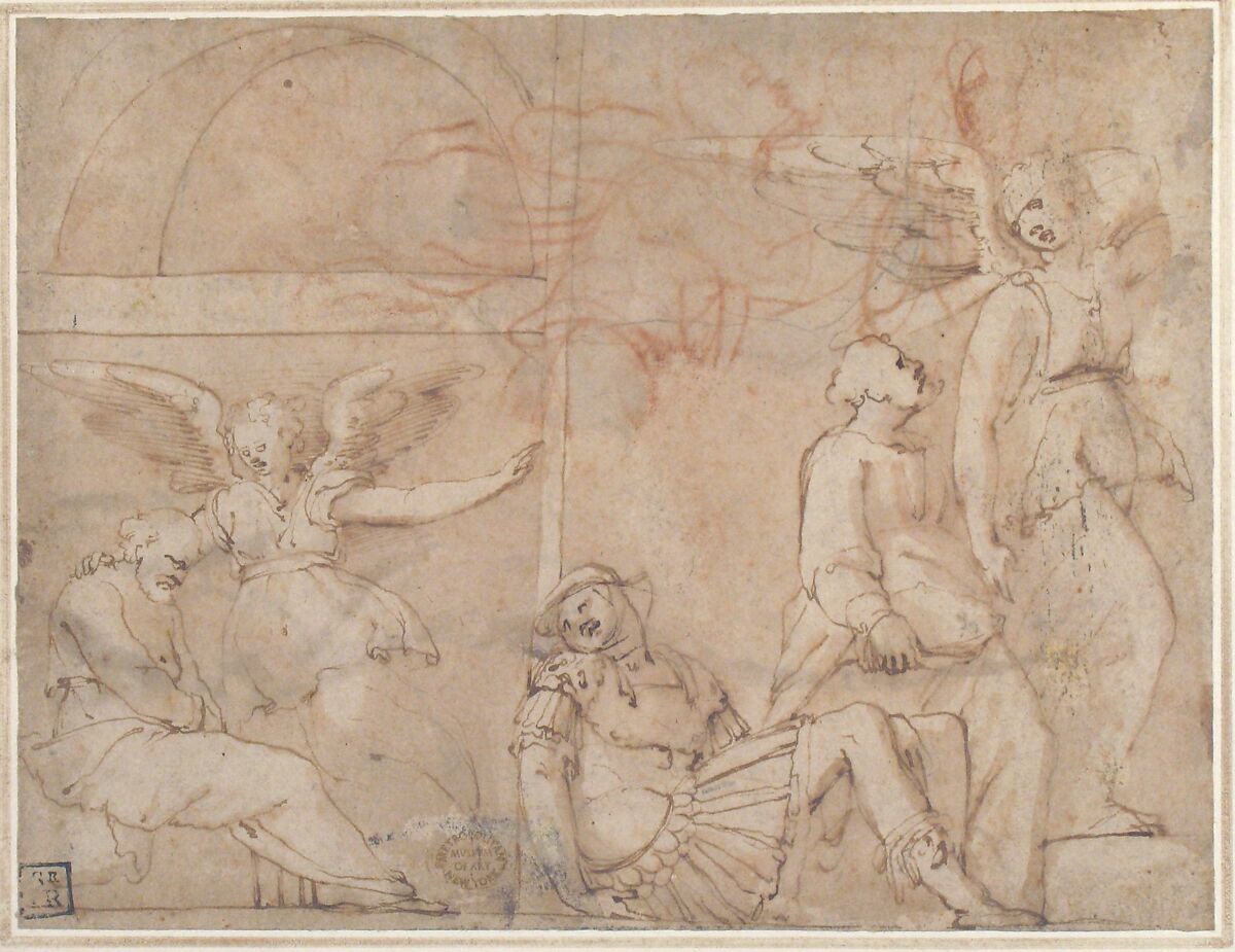 St. Peter Delivered from Prison, After Polidoro da Caravaggio (Italian, Caravaggio ca. 1499–ca. 1543 Messina), Pen and brown ink, brush and brown wash, and red chalk