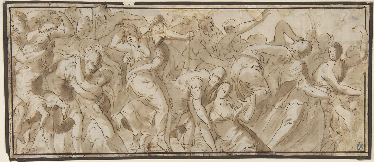 Rape of the Sabines, After Polidoro da Caravaggio (Italian, Caravaggio ca. 1499–ca. 1543 Messina), Pen and brown ink, brush and brown wash 