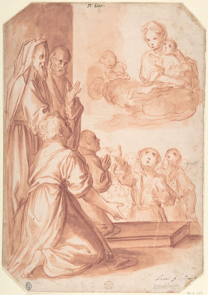 Madonna and Child and Worshippers, Anonymous, Italian, 16th to early 17th century, Red chalk, brush and red wash on cream paper 
