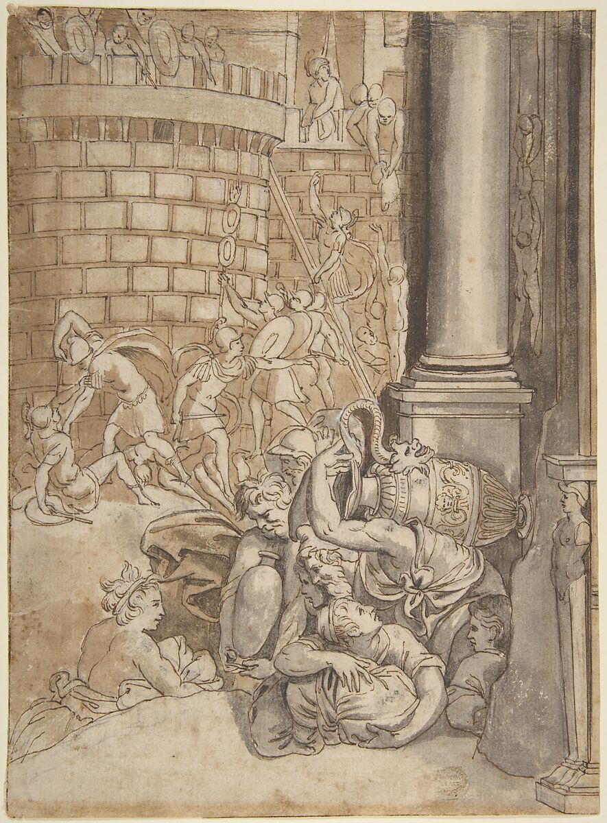 Sack of a City, School of Polidoro da Caravaggio (Italian, Caravaggio ca. 1499–ca. 1543 Messina), Pen and brown ink, brushed and washed with brown and gray, over charcoal 