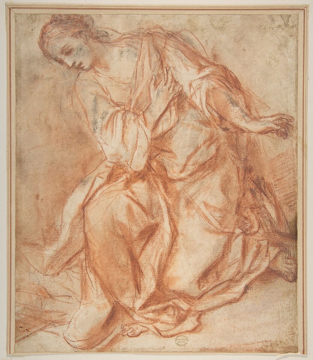 Kneeling Woman, Attributed to Mattia Preti (Il Cavalier Calabrese) (Italian, Taverna 1613–1699 Valletta), Red chalk on light brown paper 