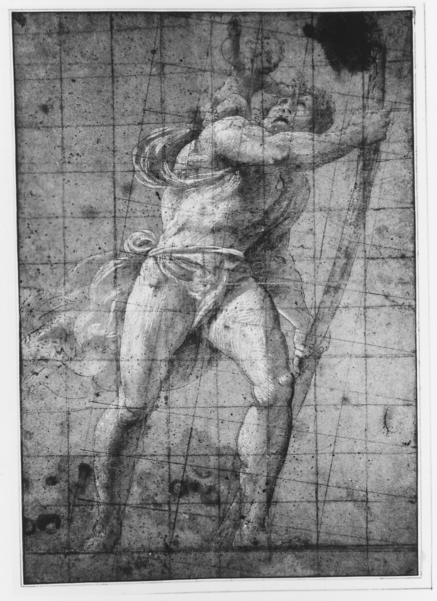 Saint Christopher Bearing the Christ Child, Giovanni Antonio da Pordenone (Giovanni Antonio de Sacchis) (Italian, Pordenone 1483?–1539 Ferrara), Pen and brown ink, brush and brown wash, highlighted with white gouache, on blue paper, squared vertically and horizontally in red chalk, diagonally in charcoal
