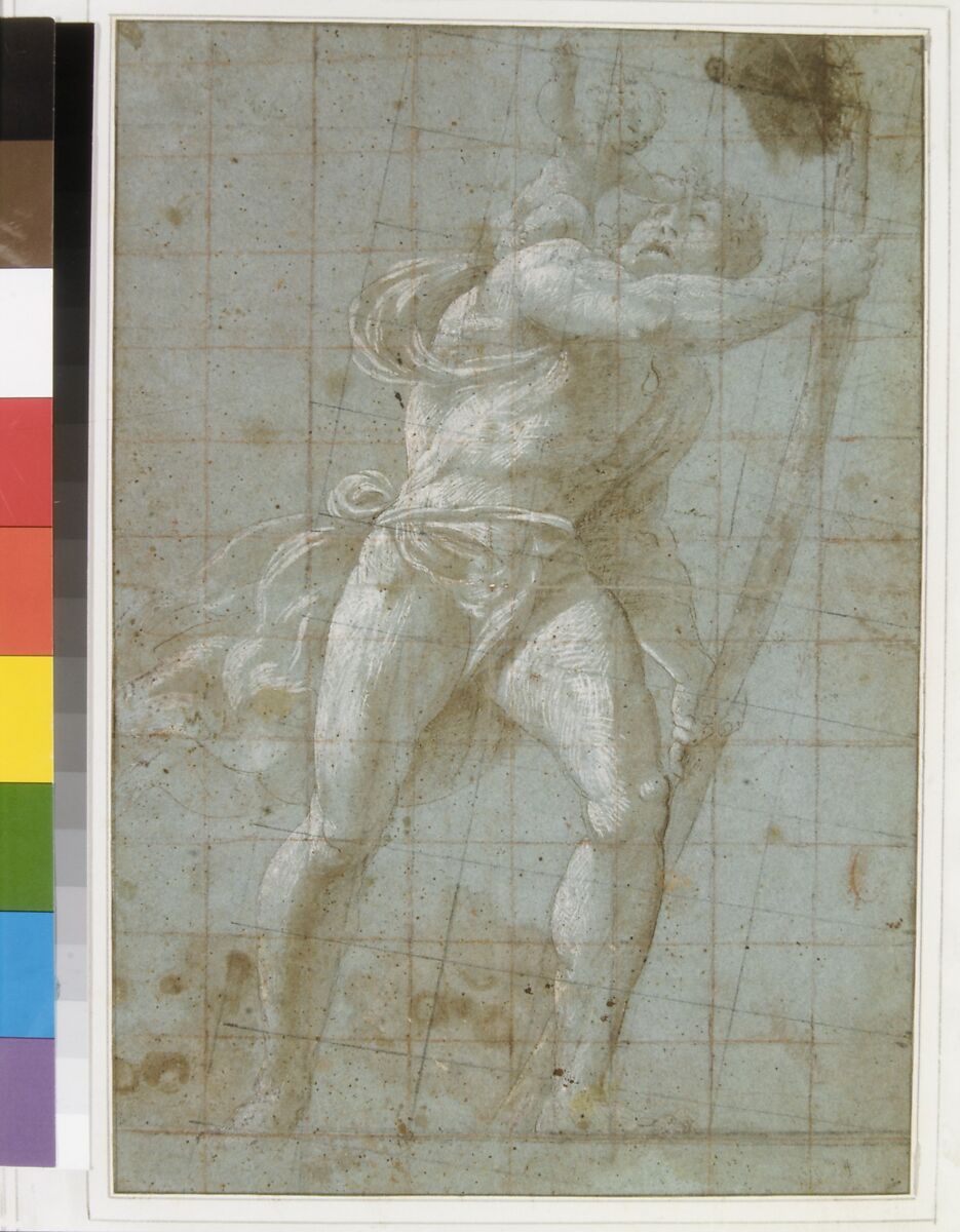Saint Christopher Bearing the Christ Child, Giovanni Antonio da Pordenone (Giovanni Antonio de Sacchis) (Italian, Pordenone 1483?–1539 Ferrara), Pen and brown ink, brush and brown wash, highlighted with white gouache, on blue paper, squared vertically and horizontally in red chalk, diagonally in charcoal