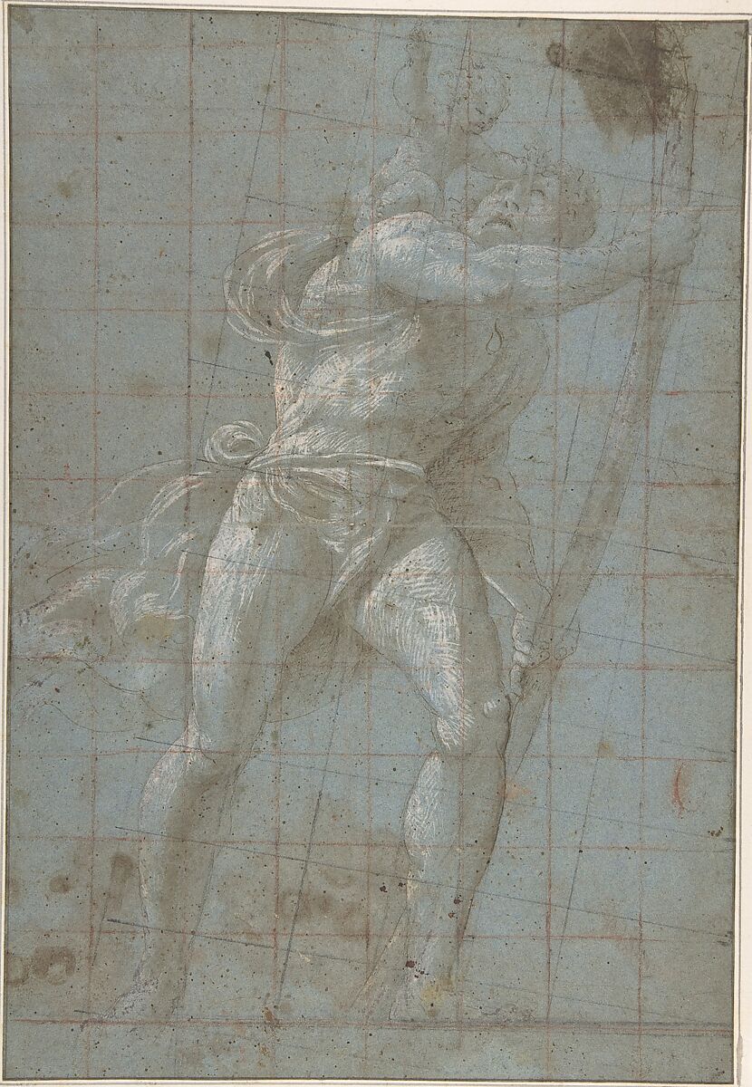 Saint Christopher Bearing the Christ Child, Giovanni Antonio da Pordenone (Giovanni Antonio de Sacchis) (Italian, Pordenone 1483?–1539 Ferrara), Pen and brown ink, brush and brown wash, highlighted with white gouache, on blue paper, squared vertically and horizontally in red chalk, diagonally in charcoal 