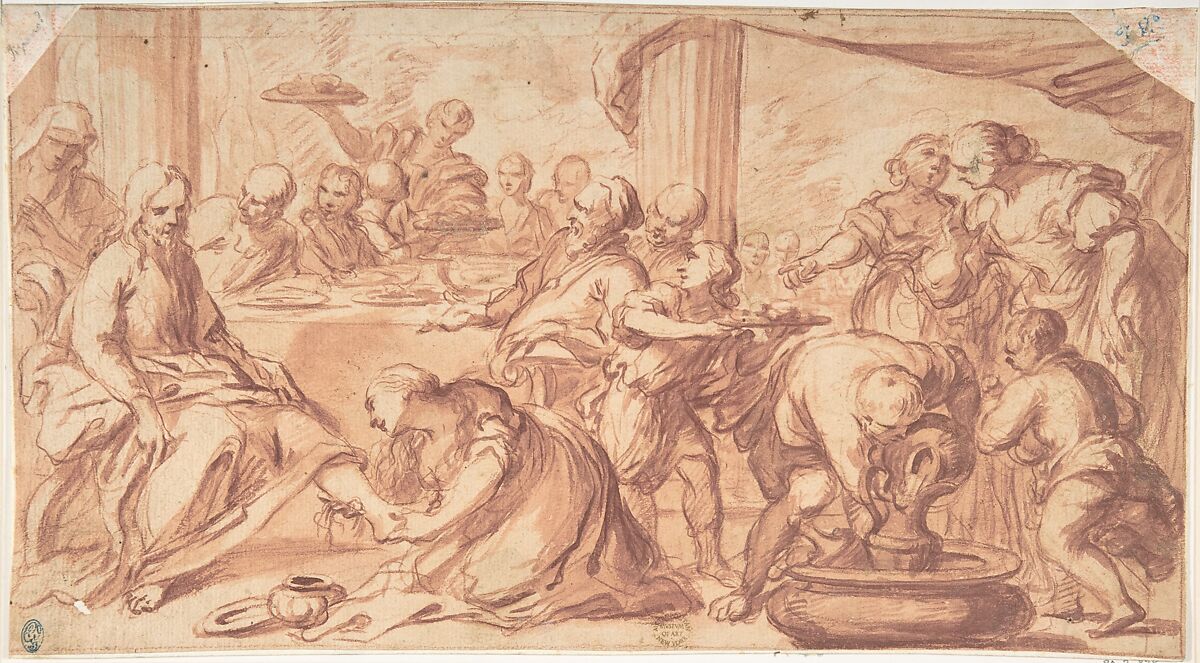 Mary Magdalen Washing Christ's Feet, Anonymous, Italian, Roman-Bolognese, 17th century, Red chalk, brush and red wash, on light tan paper; framing lines in red chalk 
