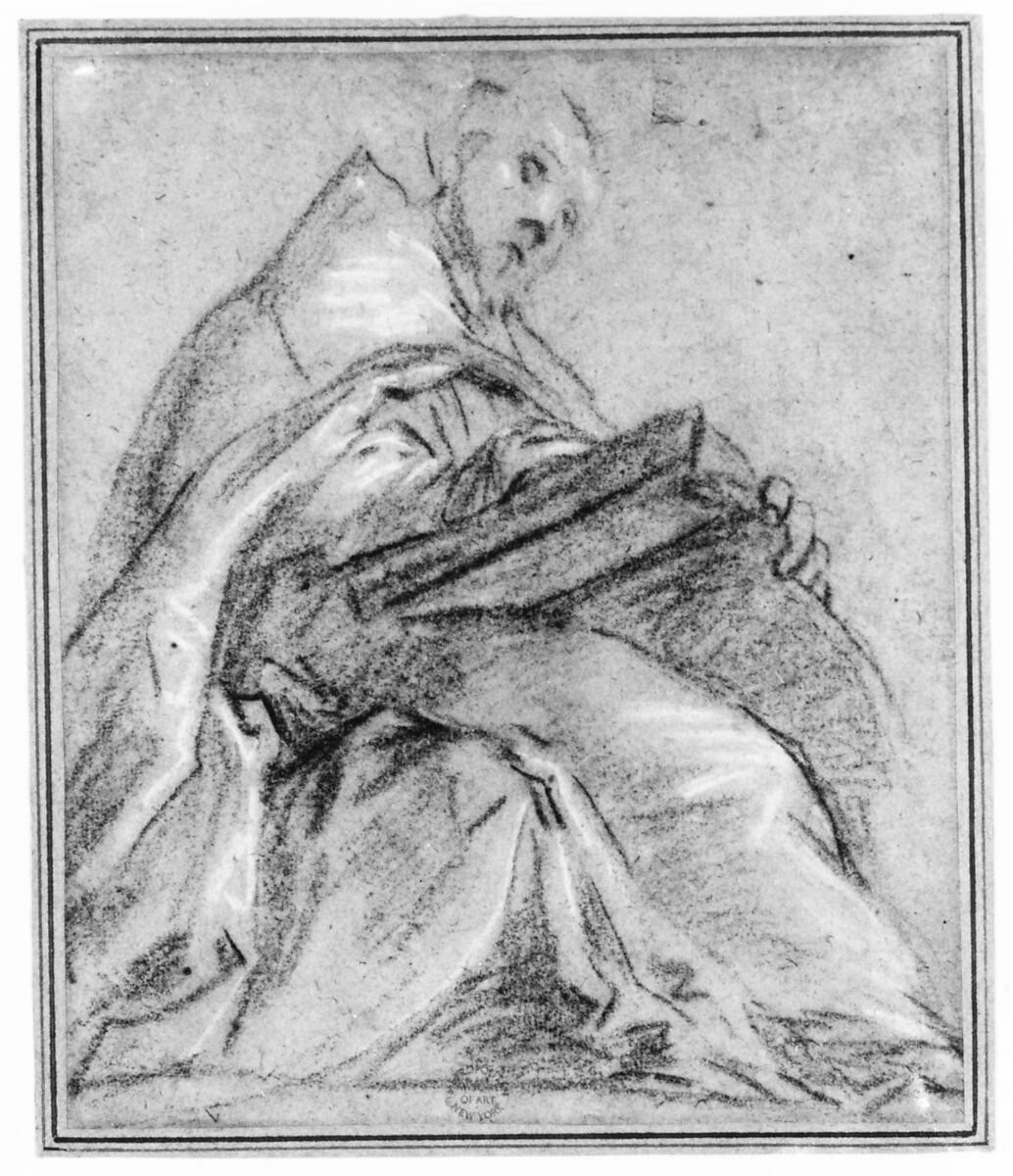 Seated Doctor of the Church Reading (Saint Ambrose or Saint Gregory), Jacopo Palma the Younger (Italian, Venice ca. 1548–1628 Venice), Black chalk, highlighted with white chalk, on blue paper faded to gray-green