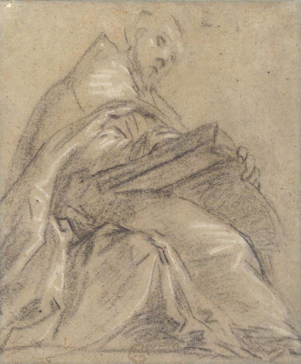 Seated Doctor of the Church Reading (Saint Ambrose or Saint Gregory), Jacopo Palma the Younger (Italian, Venice ca. 1548–1628 Venice), Black chalk, highlighted with white chalk, on blue paper faded to gray-green